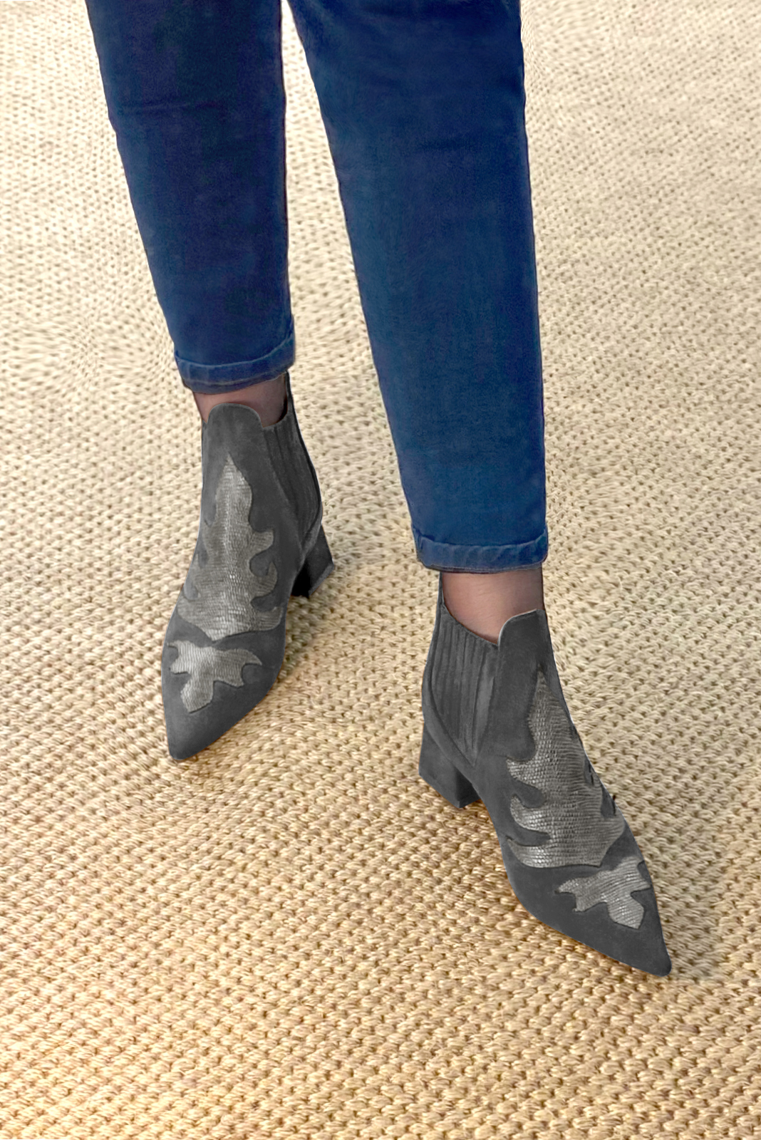 Dark grey women's ankle boots, with elastics. Pointed toe. Low flare heels. Worn view - Florence KOOIJMAN